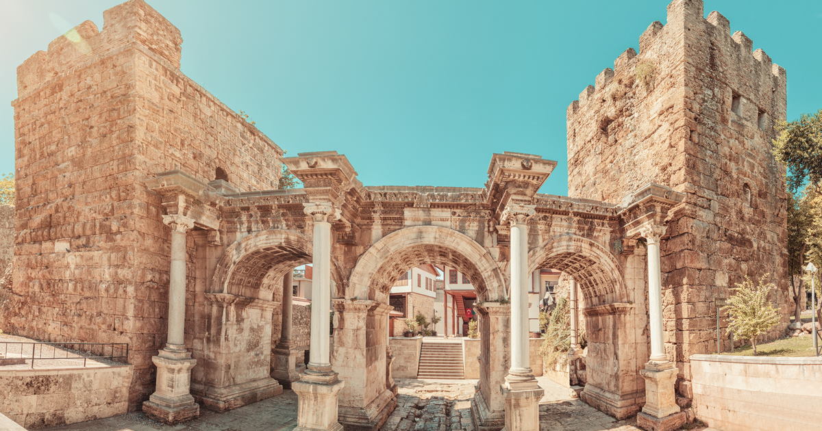 Hadrian's Gate, Antalya, Kaleici, Old Town, Roman architecture, ancient arch, Turkey, historic landmark, sightseeing, travel, tourism, cultural heritage, stone monument, city walls, famous attraction